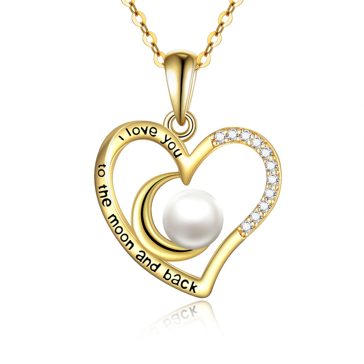 14K Gold Circular Shaped Pearl Heart & Moon Pendant Necklace with Engraved Word-1