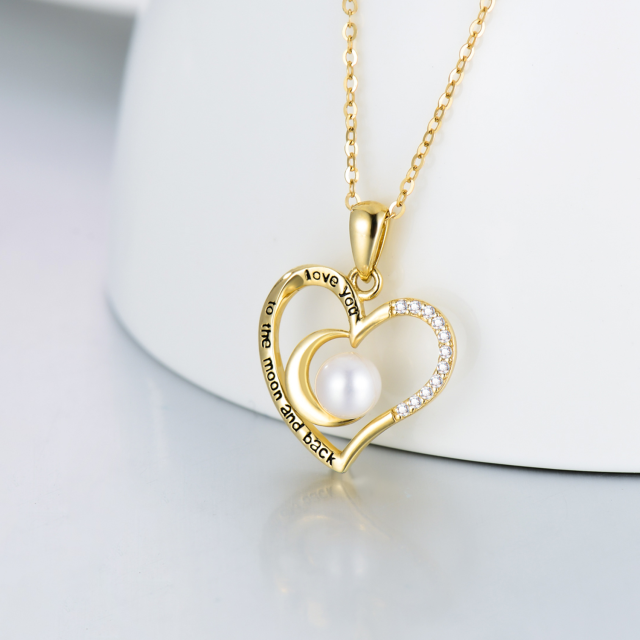 14K Gold Circular Shaped Pearl Heart & Moon Pendant Necklace with Engraved Word-2