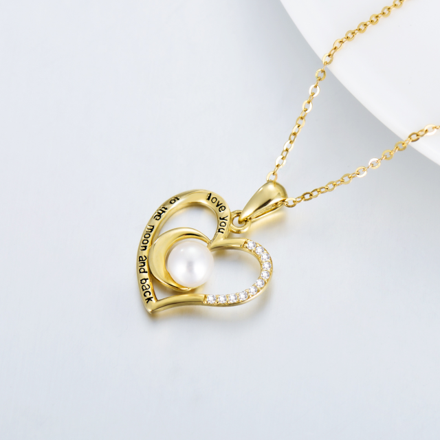 14K Gold Circular Shaped Pearl Heart & Moon Pendant Necklace with Engraved Word-3