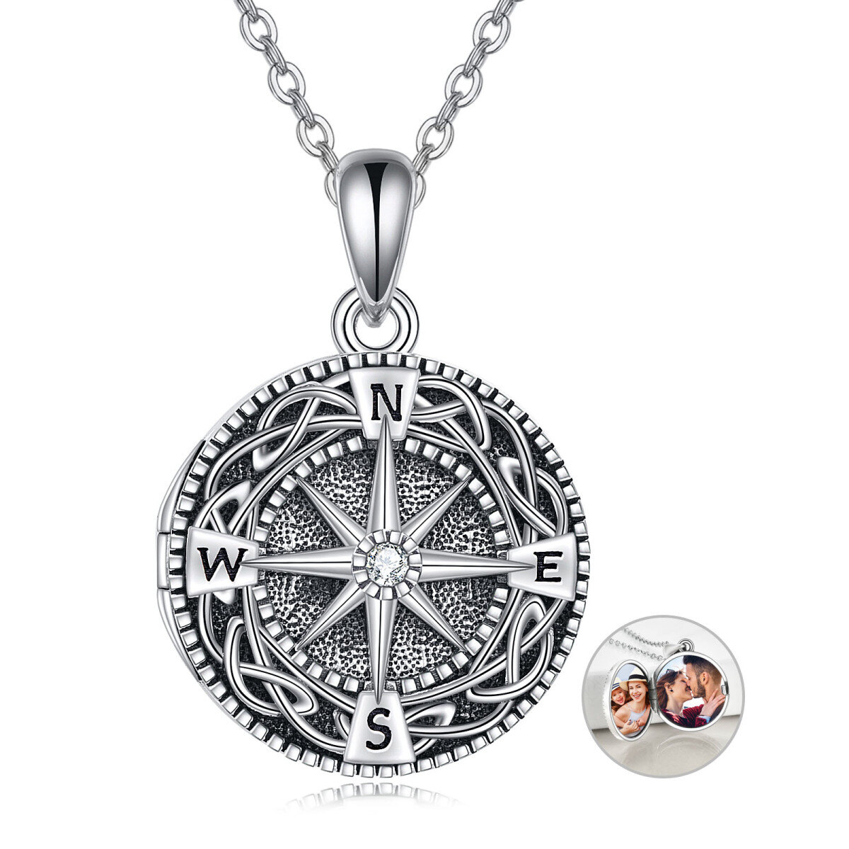 Sterling Silver Zircon Celtic Knot & Compass Personalized Photo Locket Necklace-1