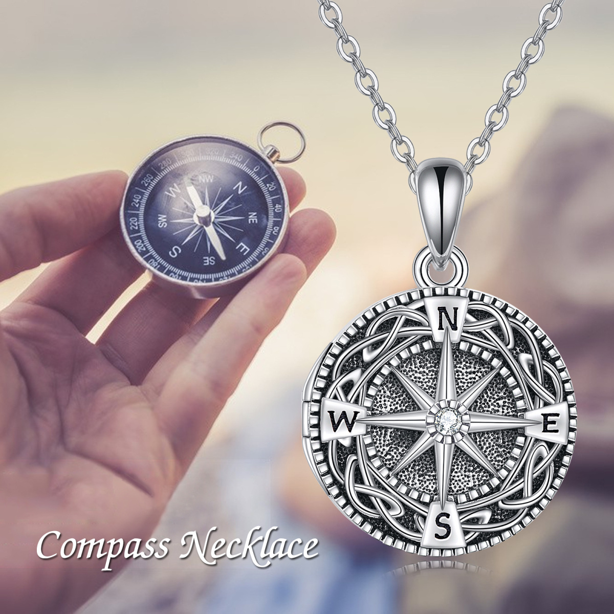 Sterling Silber Zirkon Keltischer Knoten Kompass Personalisierte Foto Medaillon Halskette-6