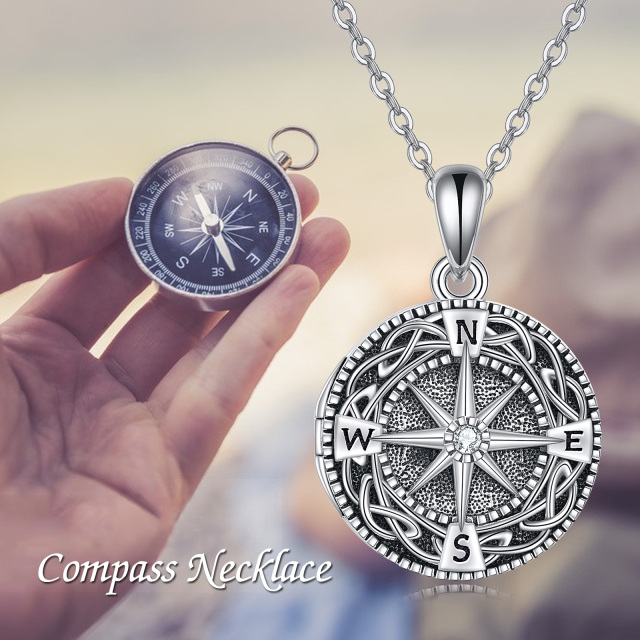 Sterling Silber Zirkon Keltischer Knoten Kompass Personalisierte Foto Medaillon Halskette-5