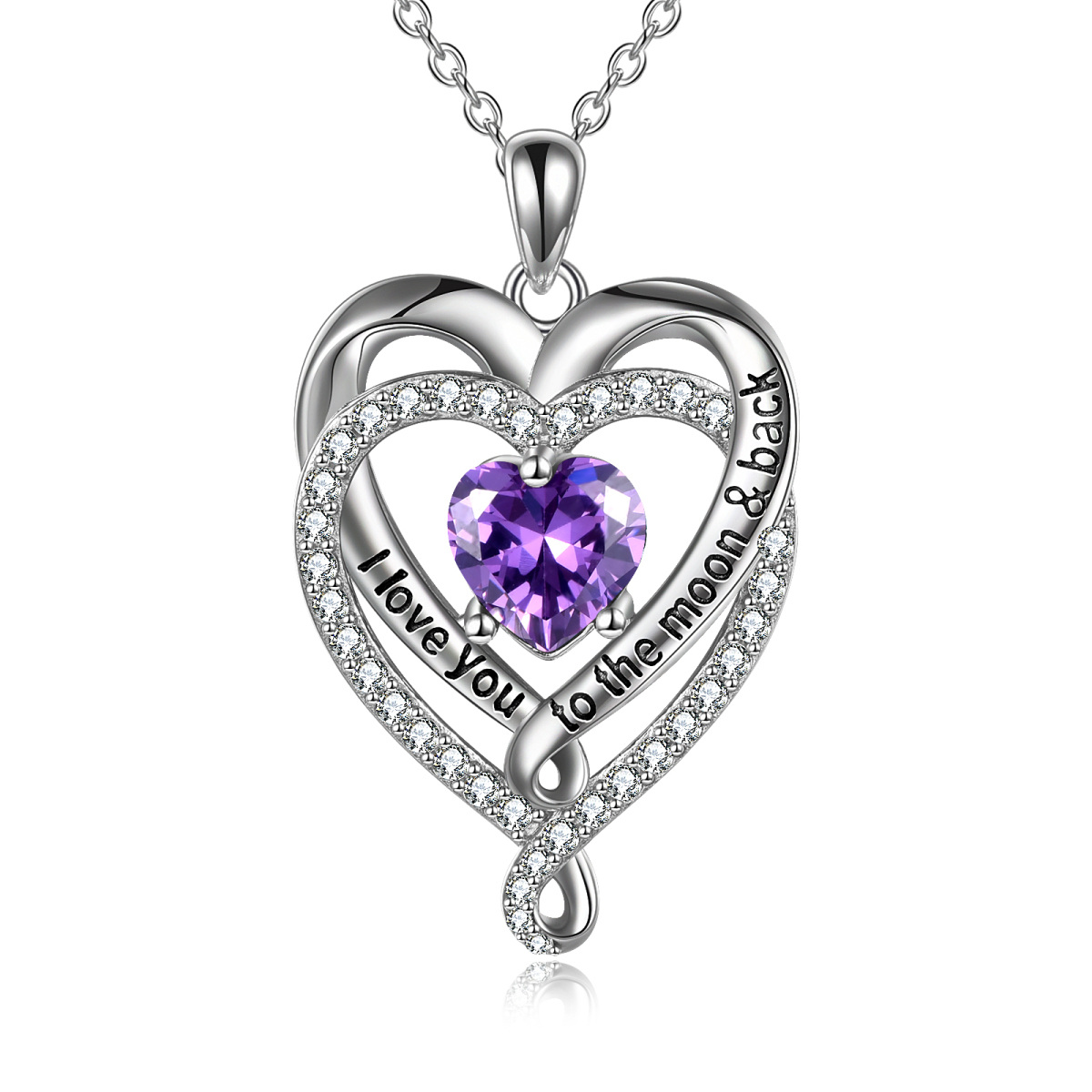 Sterling Silver Heart Shaped Cubic Zirconia Heart With Heart Pendant Necklace with Engraved Word-1
