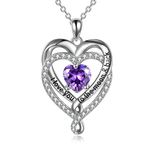 Sterling Silver Heart Shaped Cubic Zirconia Heart With Heart Pendant Necklace with Engraved Word