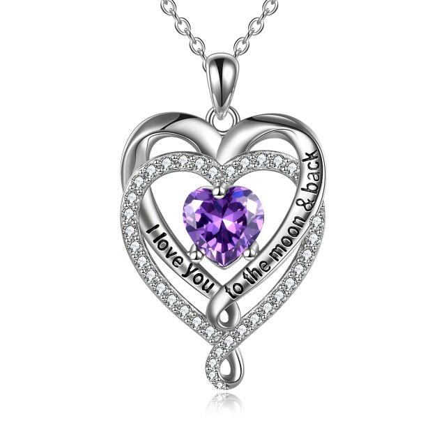 Sterling Silver Heart Shaped Cubic Zirconia Heart With Heart Pendant Necklace with Engraved Word-0