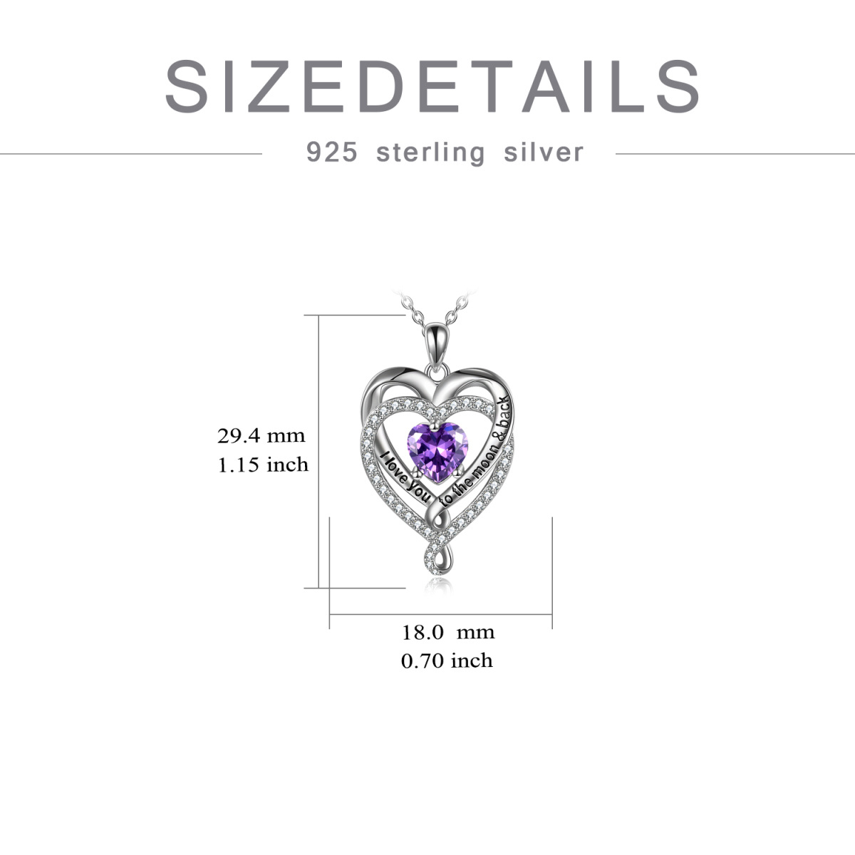 Sterling Silver Heart Shaped Cubic Zirconia Heart With Heart Pendant Necklace with Engraved Word-5
