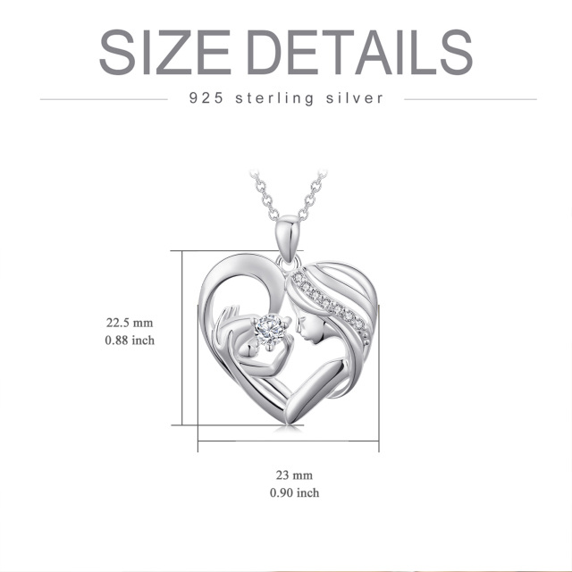 Sterling Silver Circular Shaped Cubic Zirconia Mother & Heart Pendant Necklace-4