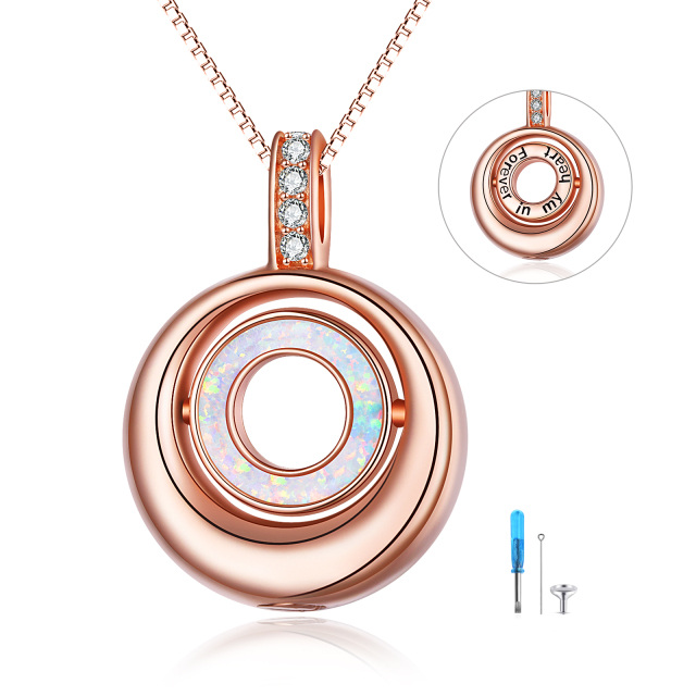 Sterling Silver with Rose Gold Plated Opal Round Urn Necklace for Ashes with Engraved Word-0