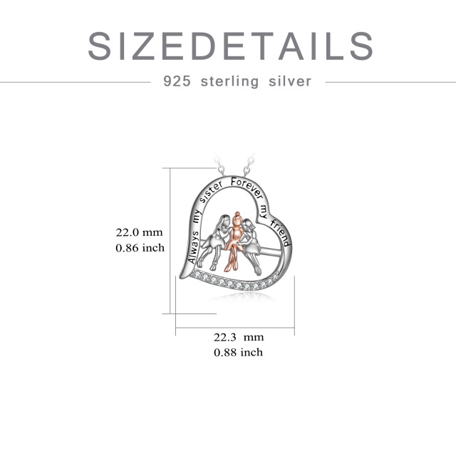 Sterling zilveren Tweekleurige Drie Zussen & Hart Hanger Halsketting met Gegraveerd Woord-5