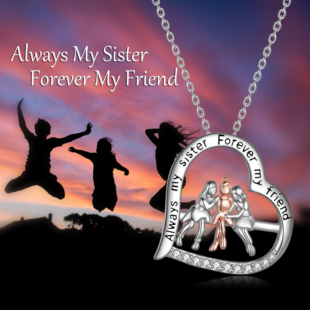Sterling Silver Two-tone Three Sisters & Heart Pendant Necklace with Engraved Word-6