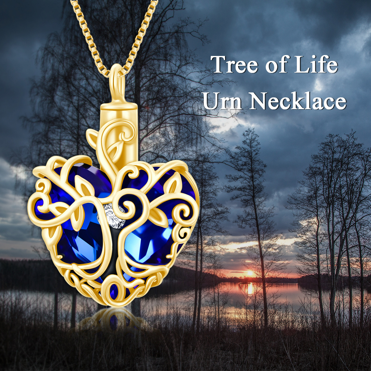 Sterling Silver with Yellow Gold Plated Heart Crystal Tree Of Life Urn Necklace for Ashes-3