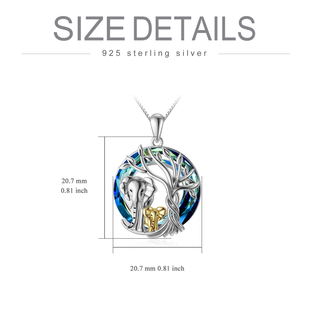 Sterling Silber zweifarbig kreisförmig Elefant & Baum des Lebens Kristall Anhänger Halsket-5