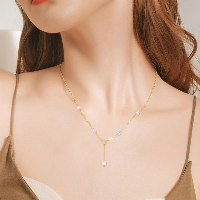 9K Gold Cubic Zirkonia & Perle Nicht-verstellbare Y-Halskette-1