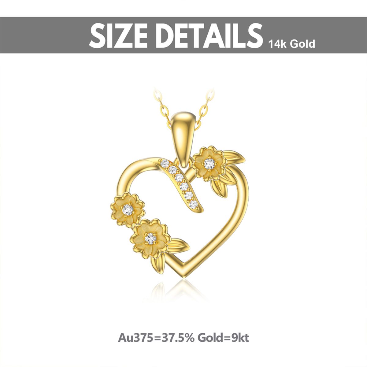 Halskette mit Sonnenblumen-Herzanhänger aus 14 Karat Gold mit Zirkonia-6