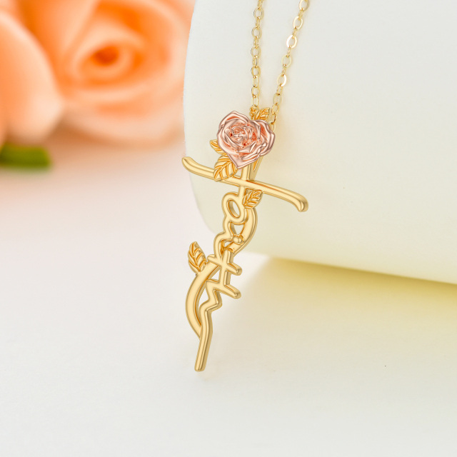 Colar com pingente de rosa e cruz em ouro 14K e ouro rosa-2