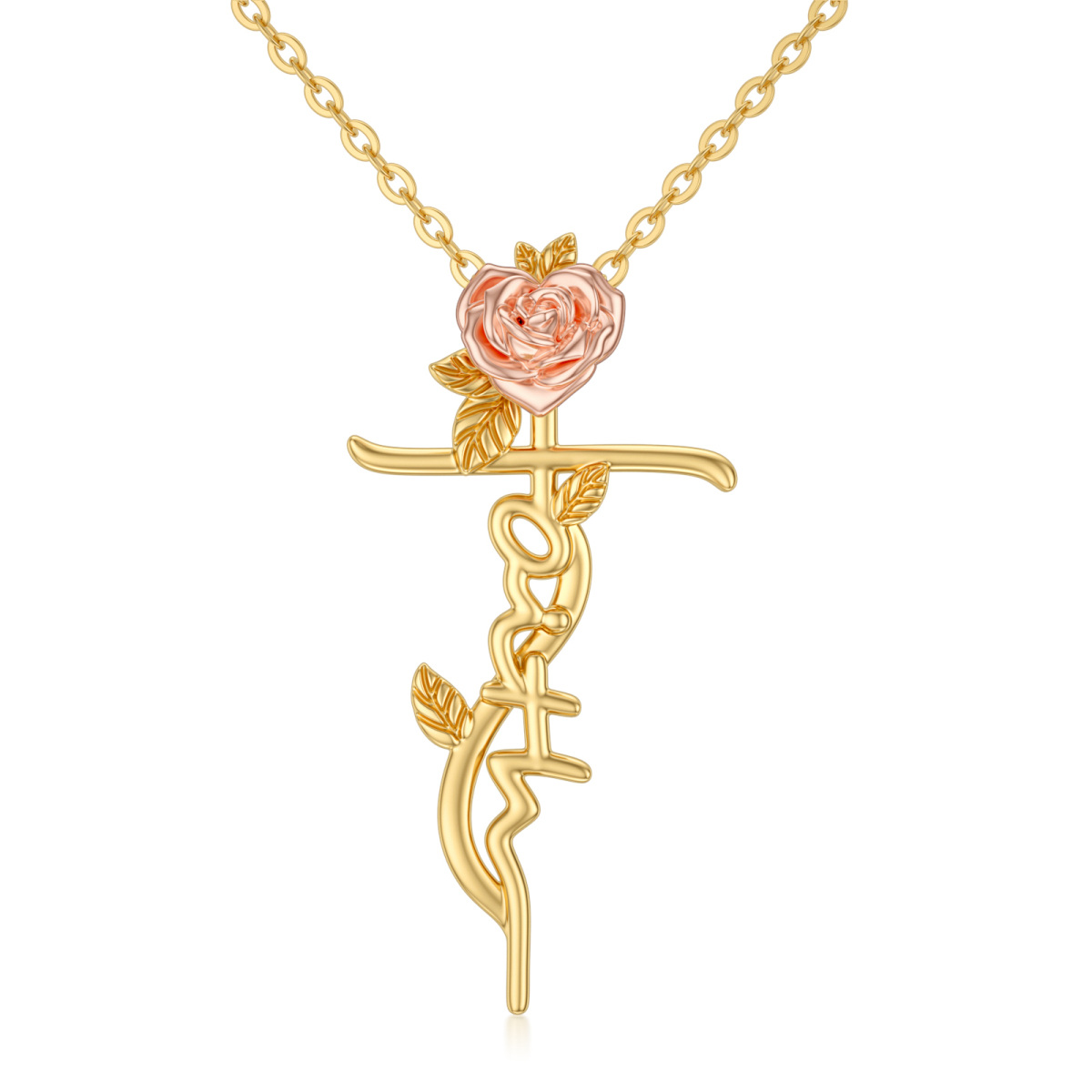 14K Gold & Rose Gold Rose & Cross Pendant Necklace-1