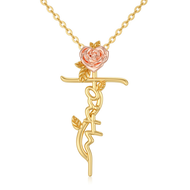 Collier en or 14K et or rose avec pendentif rose et croix-0