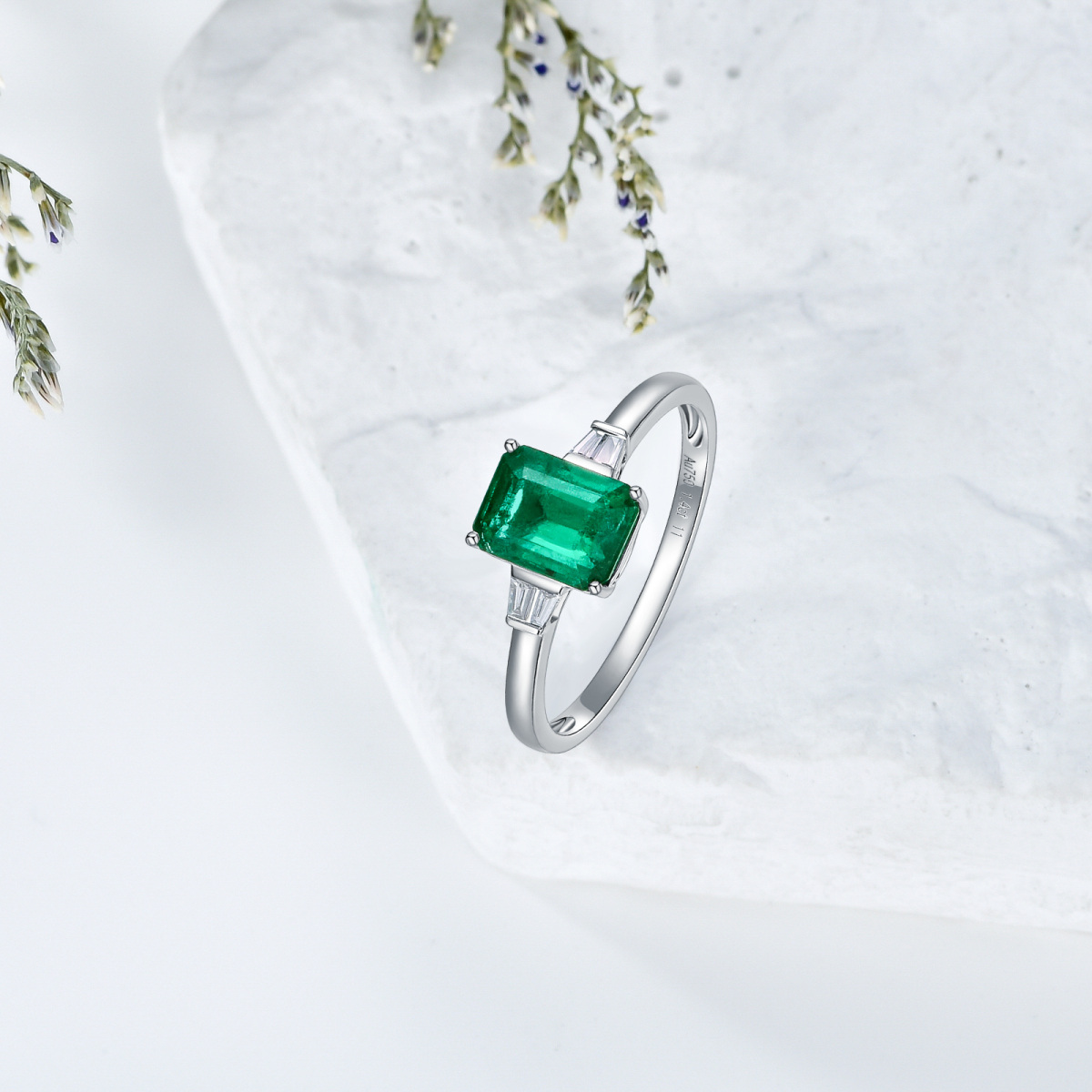 18K White Gold Emerald Princess Cut Engagement Ring-6