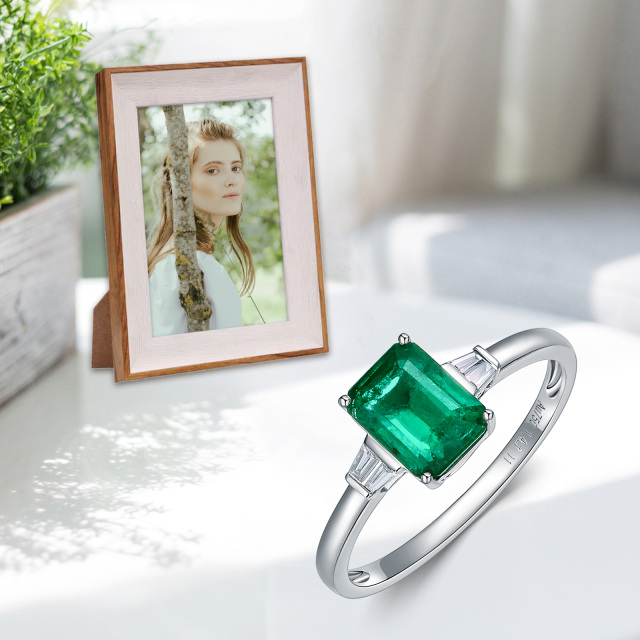 18K White Gold Emerald Princess Cut Engagement Ring-3