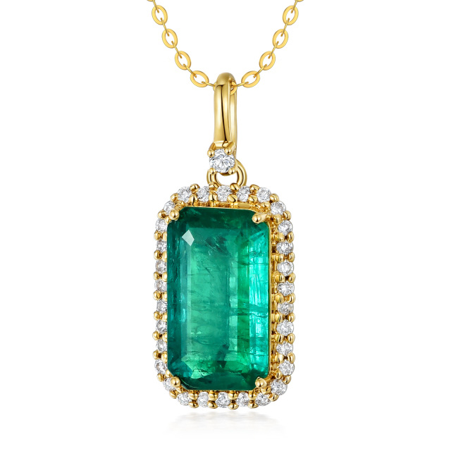 18K Gold Diamond & Emerald Square Pendant Necklace-0