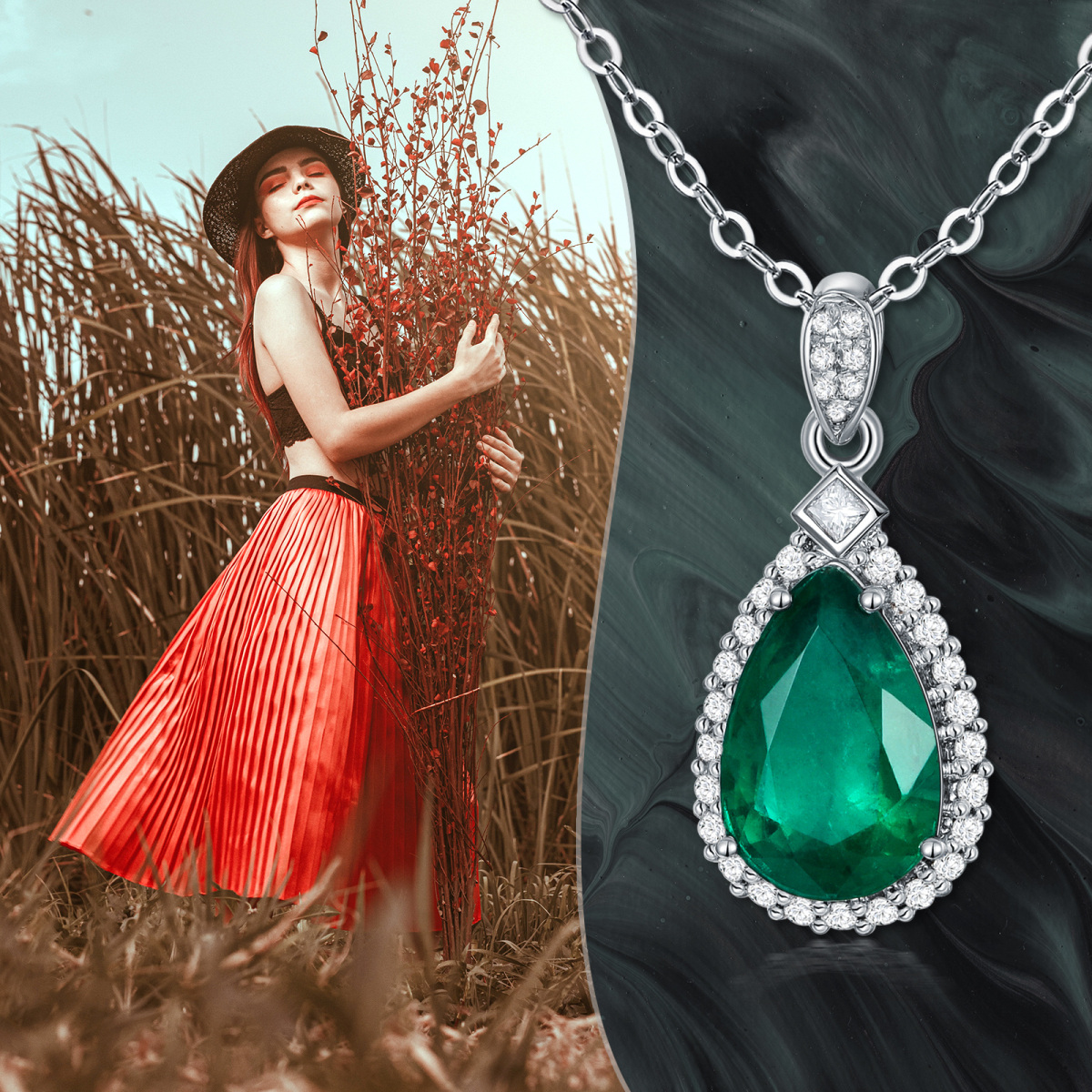 18K White Gold Circular Shaped & Princess-square Shaped Diamond & Emerald Drop Shape Pendant Necklace-6
