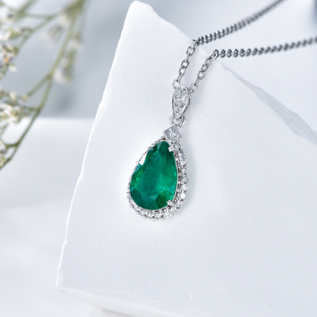 18K White Gold Circular Shaped & Princess-square Shaped Diamond & Emerald Drop Shape Pendant Necklace-2