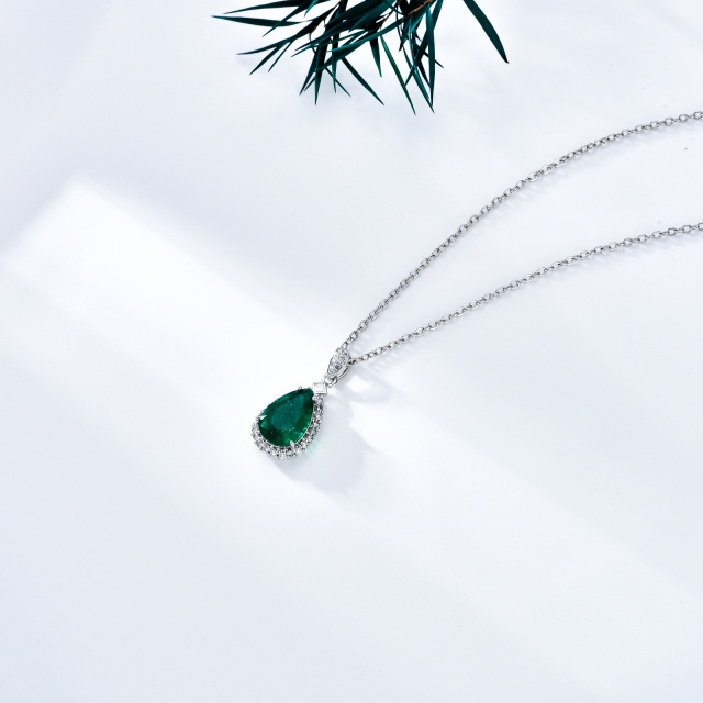 18K White Gold Circular Shaped & Princess-square Shaped Diamond & Emerald Drop Shape Pendant Necklace-3