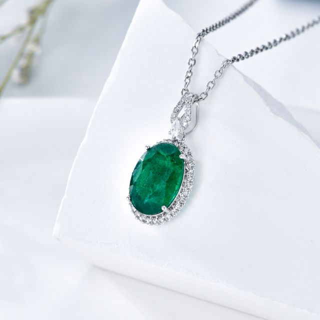 18K White Gold Oval Shaped Emerald Round Pendant Necklace-2