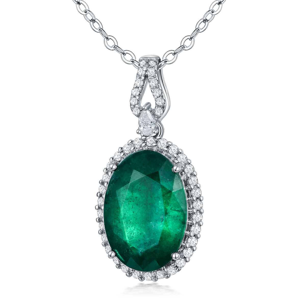 18K White Gold Oval Shaped Emerald Round Pendant Necklace-1