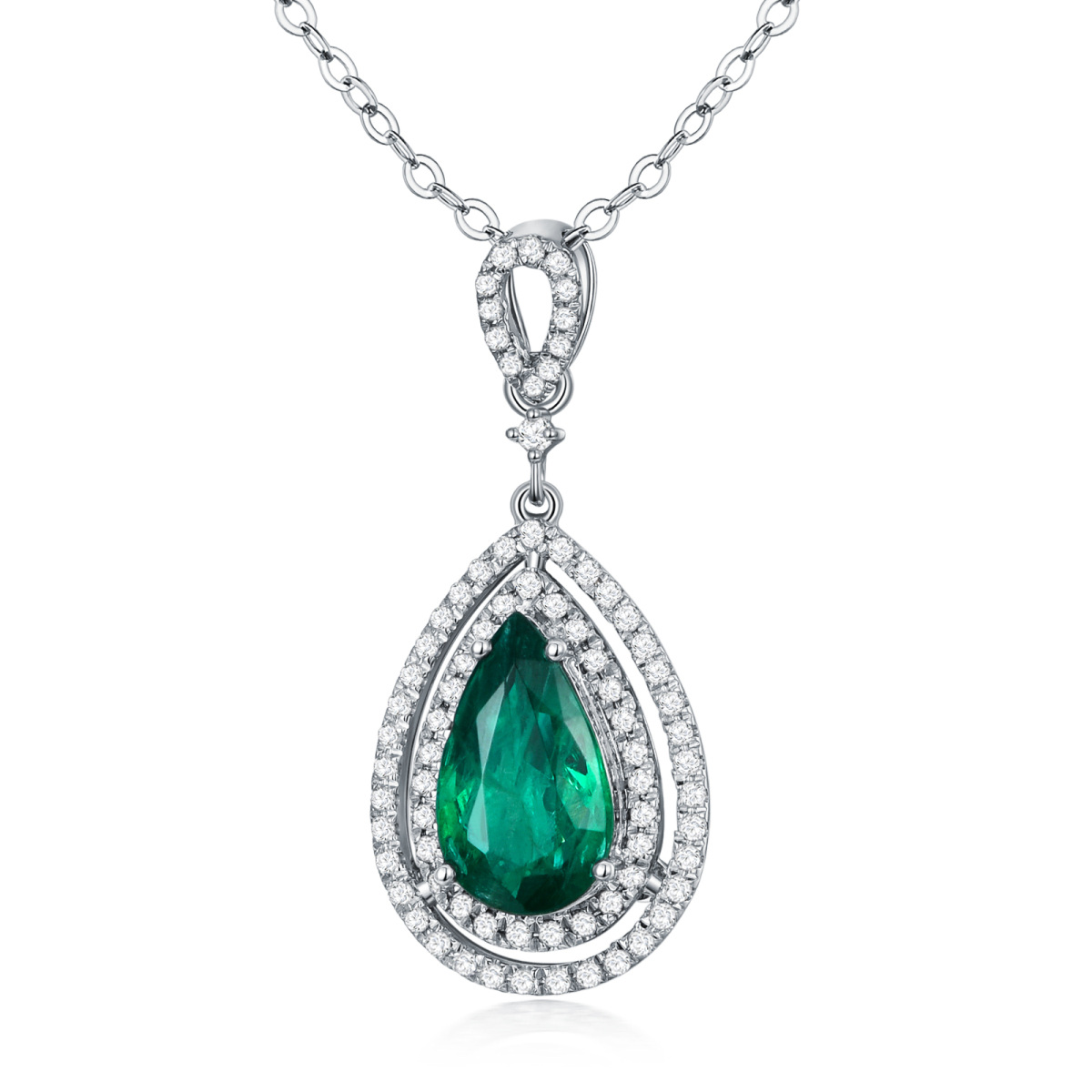 18K White Gold Diamond & Emerald Drop Shape Pendant Necklace-1