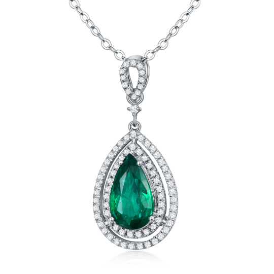 18K White Gold Diamond & Emerald Drop Shape Pendant Necklace