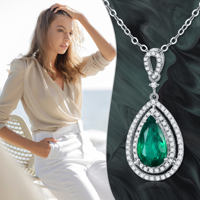 18K White Gold Diamond & Emerald Drop Shape Pendant Necklace-3