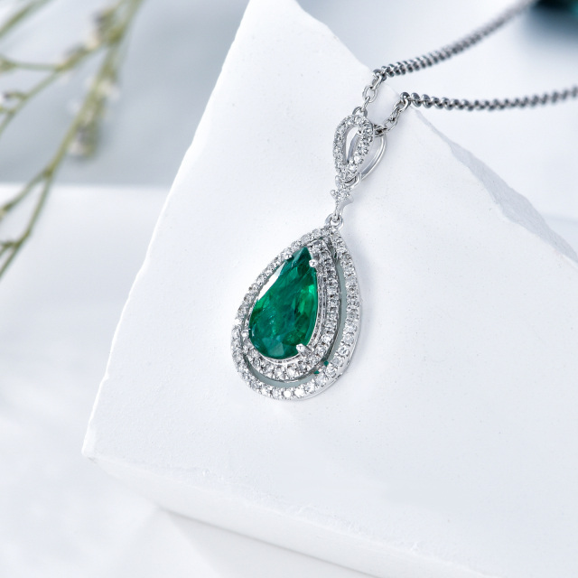 18K White Gold Diamond & Emerald Drop Shape Pendant Necklace-4