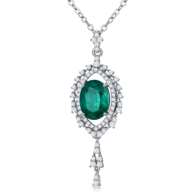 18K White Gold Emerald Oval Shaped Pendant Necklace-0