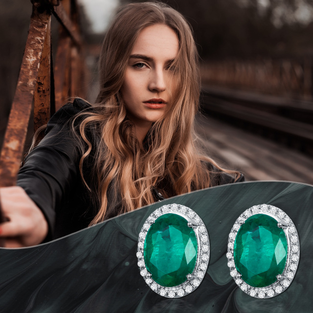 18K White Gold Circular Shaped Emerald Round Stud Earrings-2