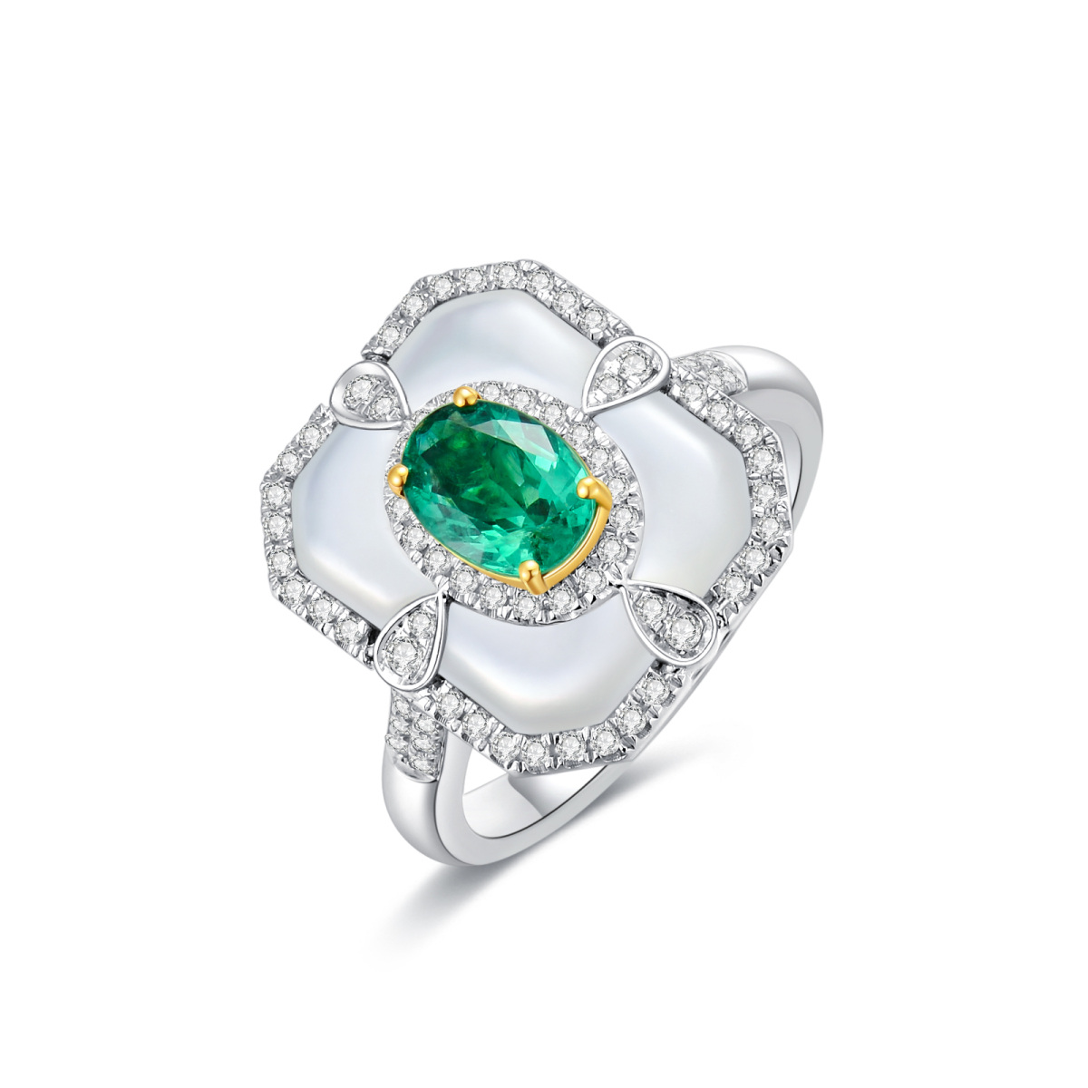 18K White Gold Diamond & Emerald Engagement Ring-1