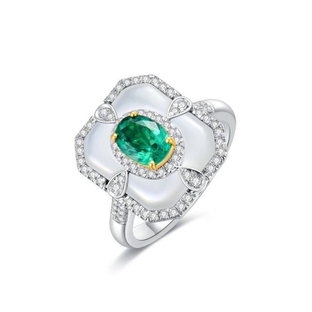 18K White Gold Diamond & Emerald Engagement Ring-0