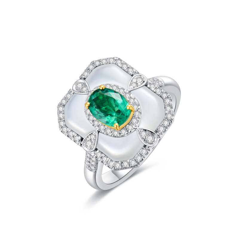 18K White Gold Diamond & Emerald Engagement Ring
