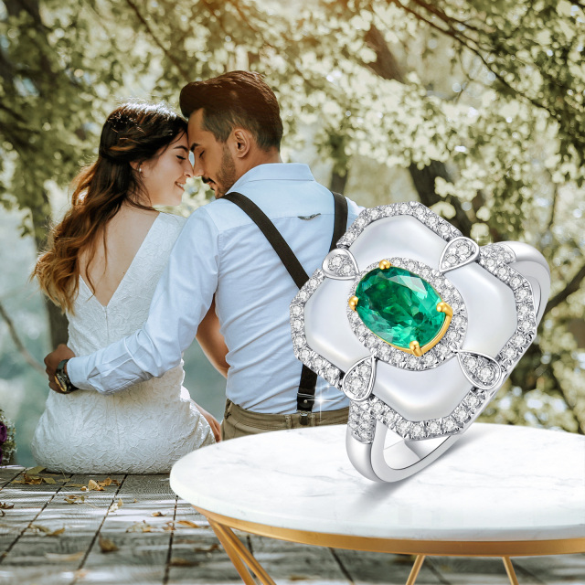 18K White Gold Diamond & Emerald Engagement Ring-2