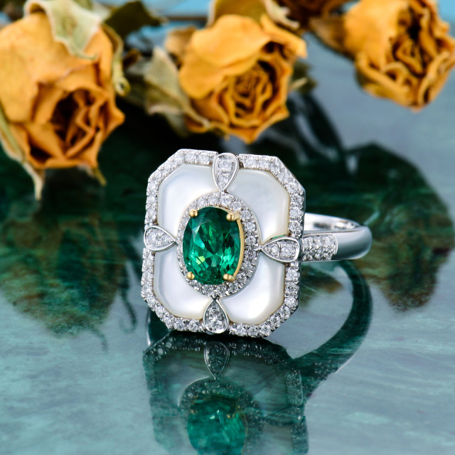18K White Gold Diamond & Emerald Engagement Ring-3