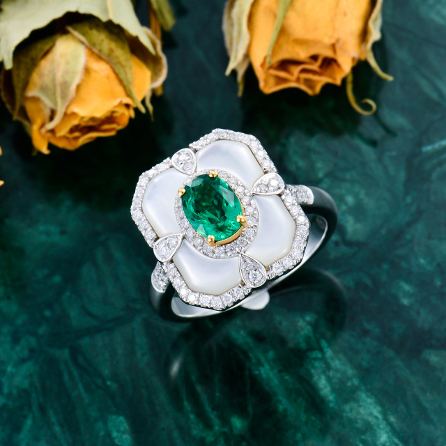18K White Gold Diamond & Emerald Engagement Ring-4