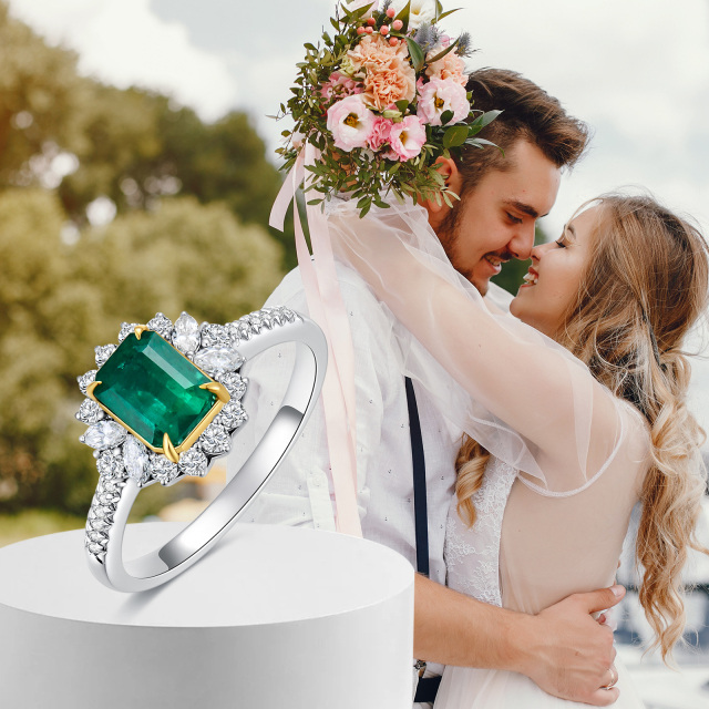 18K White Gold & Yellow Gold Princess-square Shaped Emerald Square Wedding Ring-5