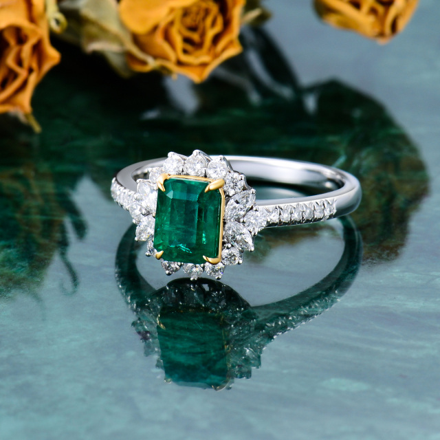 18K White Gold & Yellow Gold Princess-square Shaped Emerald Square Wedding Ring-2