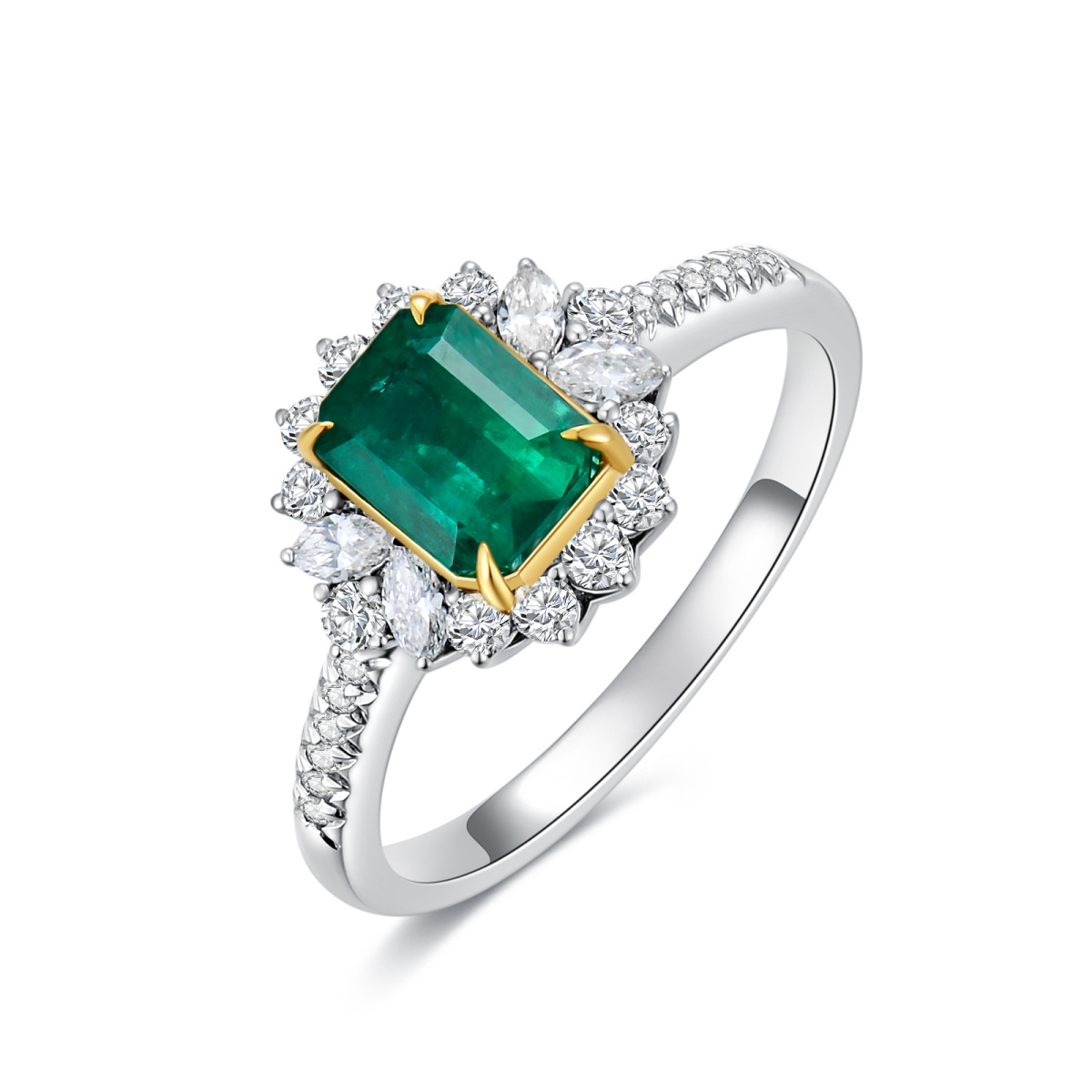 18K White Gold & Yellow Gold Princess-square Shaped Emerald Square Wedding Ring-1
