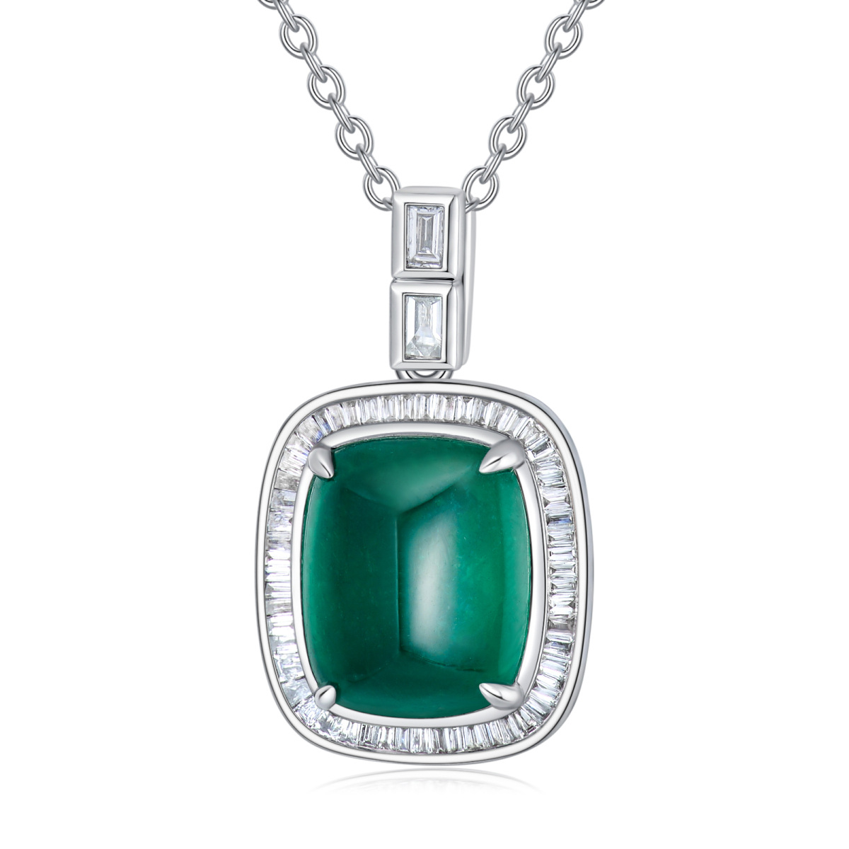 18K White Gold Princess-square Shaped Diamond & Emerald Square Pendant Necklace-1