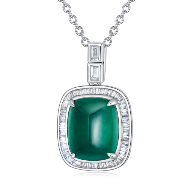 18K White Gold Princess-square Shaped Diamond & Emerald Square Pendant Necklace-0