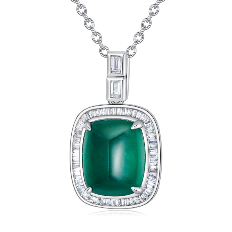 18K White Gold Princess-square Shaped Diamond & Emerald Square Pendant Necklace