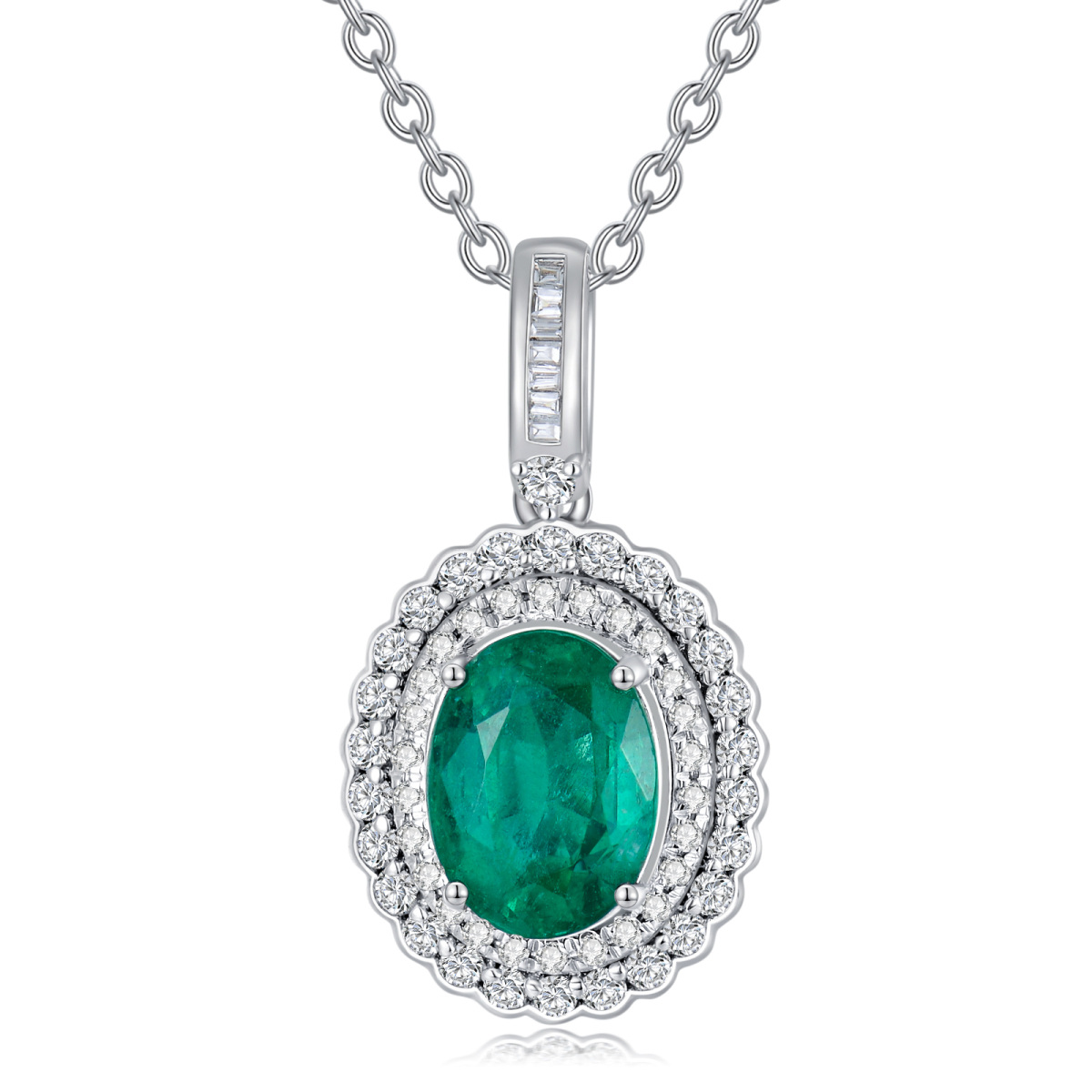 14K White Gold Oval Shaped Diamond & Emerald Oval Shaped Pendant Necklace-1