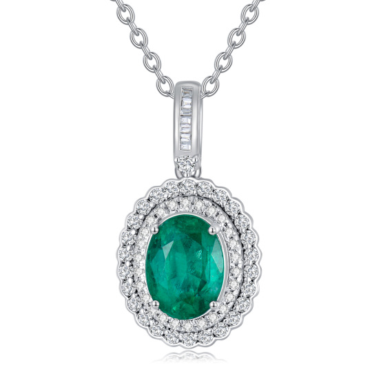 14K White Gold Oval Shaped Diamond & Emerald Oval Shaped Pendant Necklace