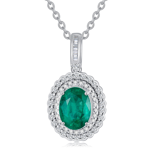 14K White Gold Oval Shaped Diamond & Emerald Oval Shaped Pendant Necklace-0